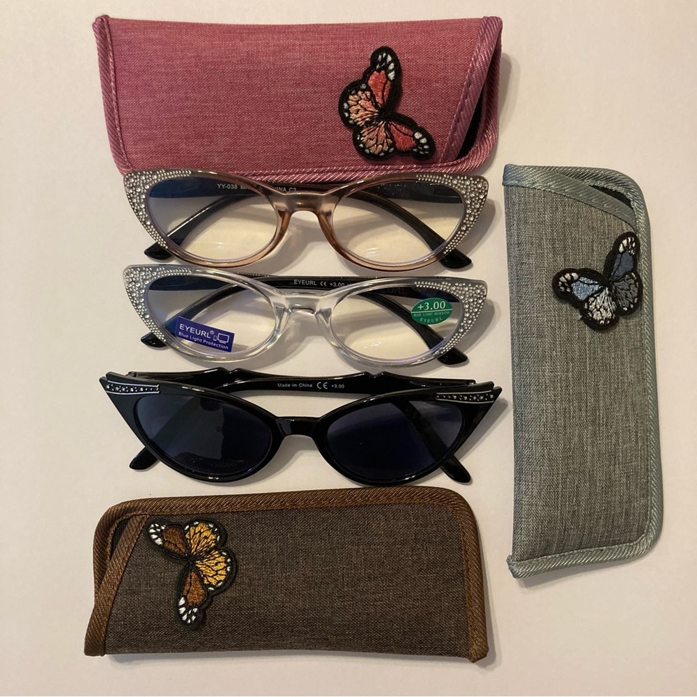 NEW 3.0 readers 2 sparkly cat eye glasses 1 blk cat eye sunglasses comes w cases